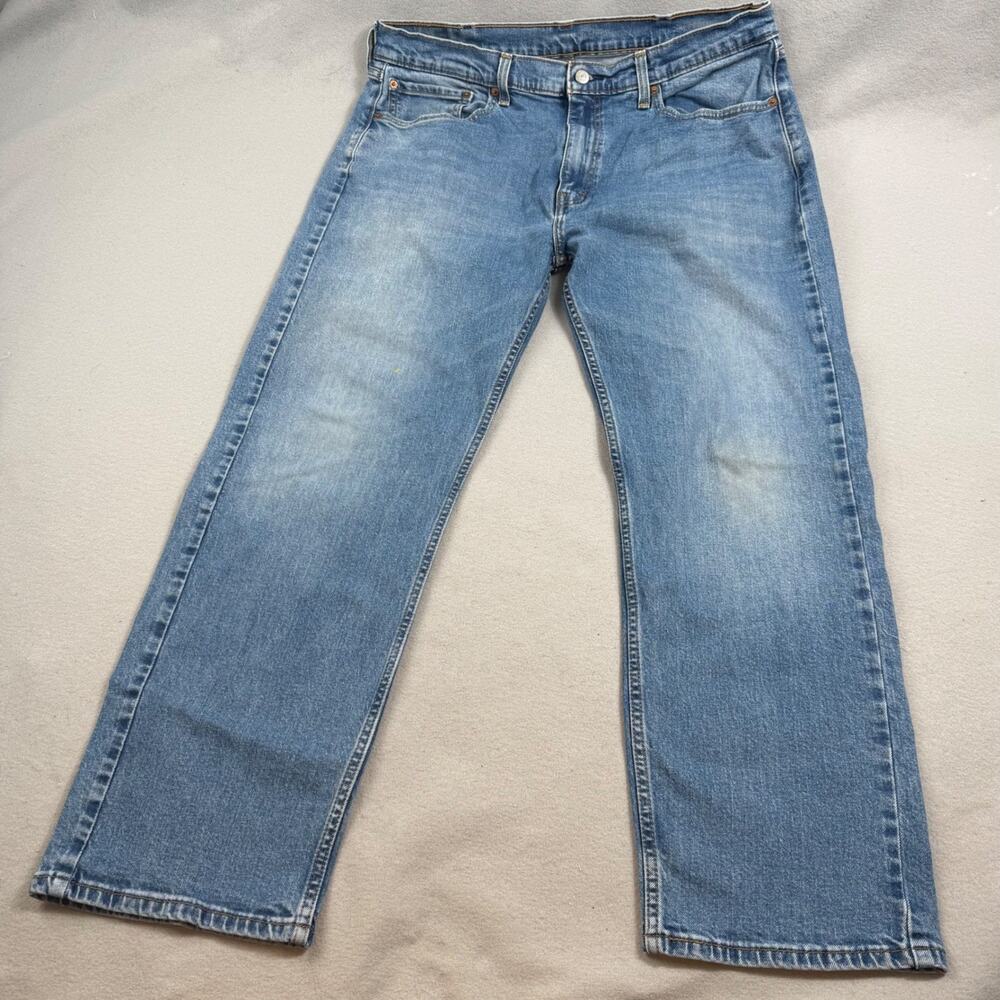 Levis 505 Regular Straight 38x30 Cotton Stretch Medium Wash Denim Blue Jeans Zip - Picture 3 of 16